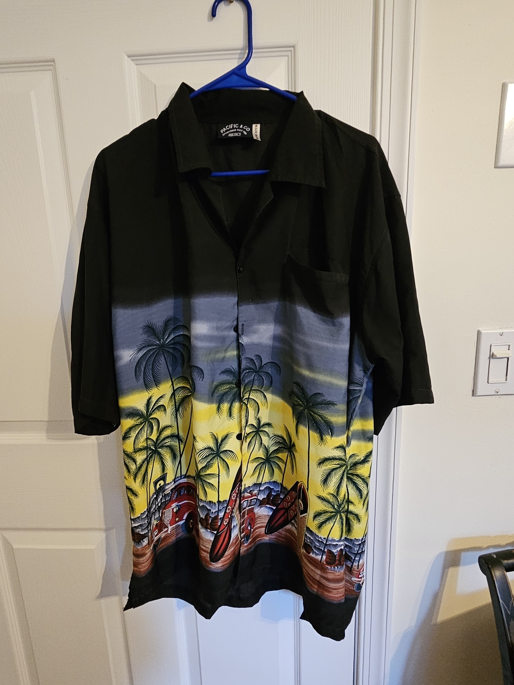 Pacific & Co Black Surf Shirt with Yellow and Blue Palm Sunset Print